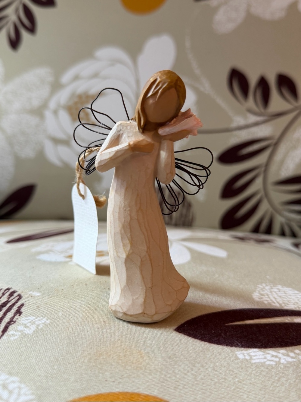Willow Tree Natural Wood Angel Figurine with Black Wire Wings Thinking of you